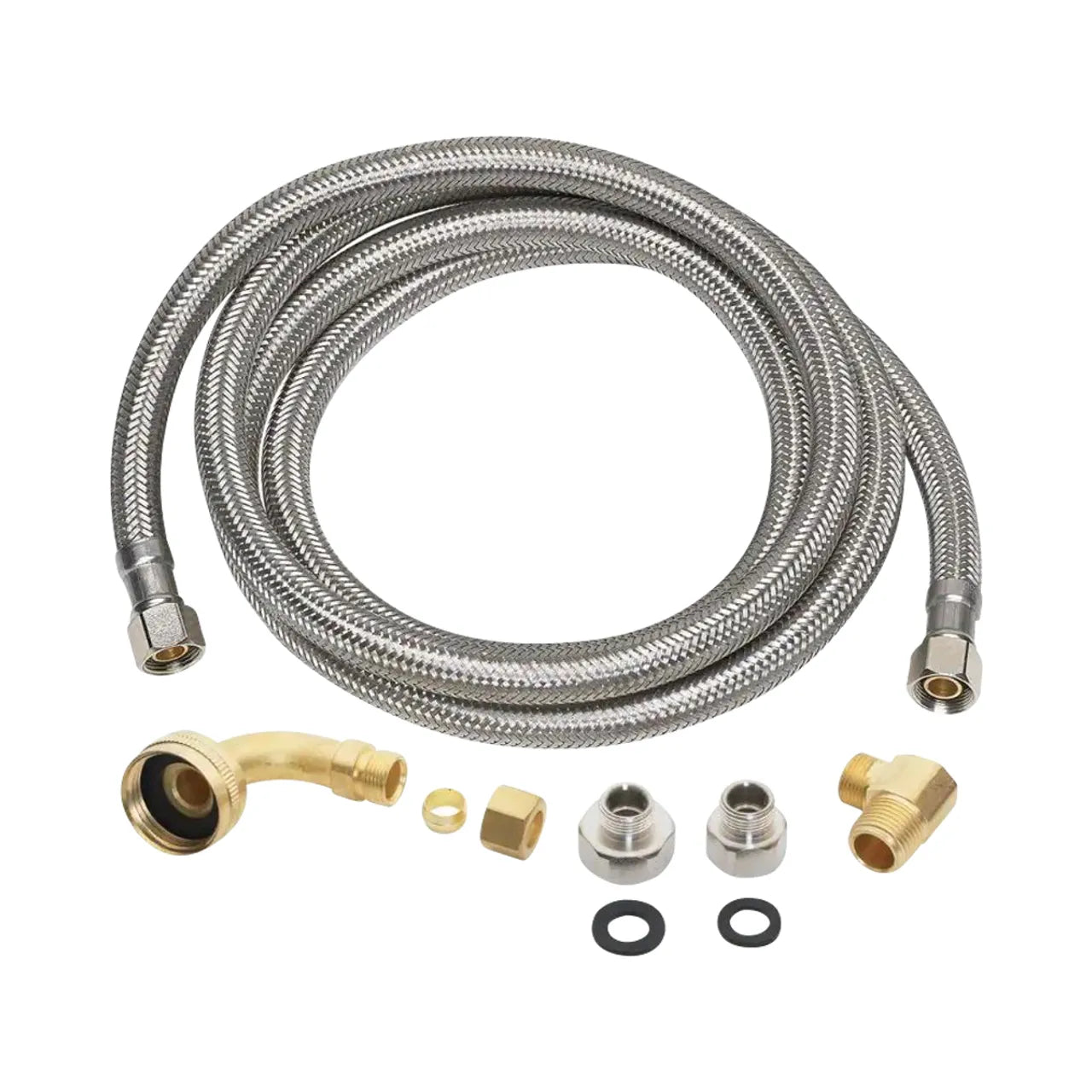 The Go Build 3/8 in. x 3/8 in. x 60 in. Universal Dishwasher Connector features a coiled stainless steel hose, metal connectors, brass fittings, washers, and coupling accessories arranged on a white background.